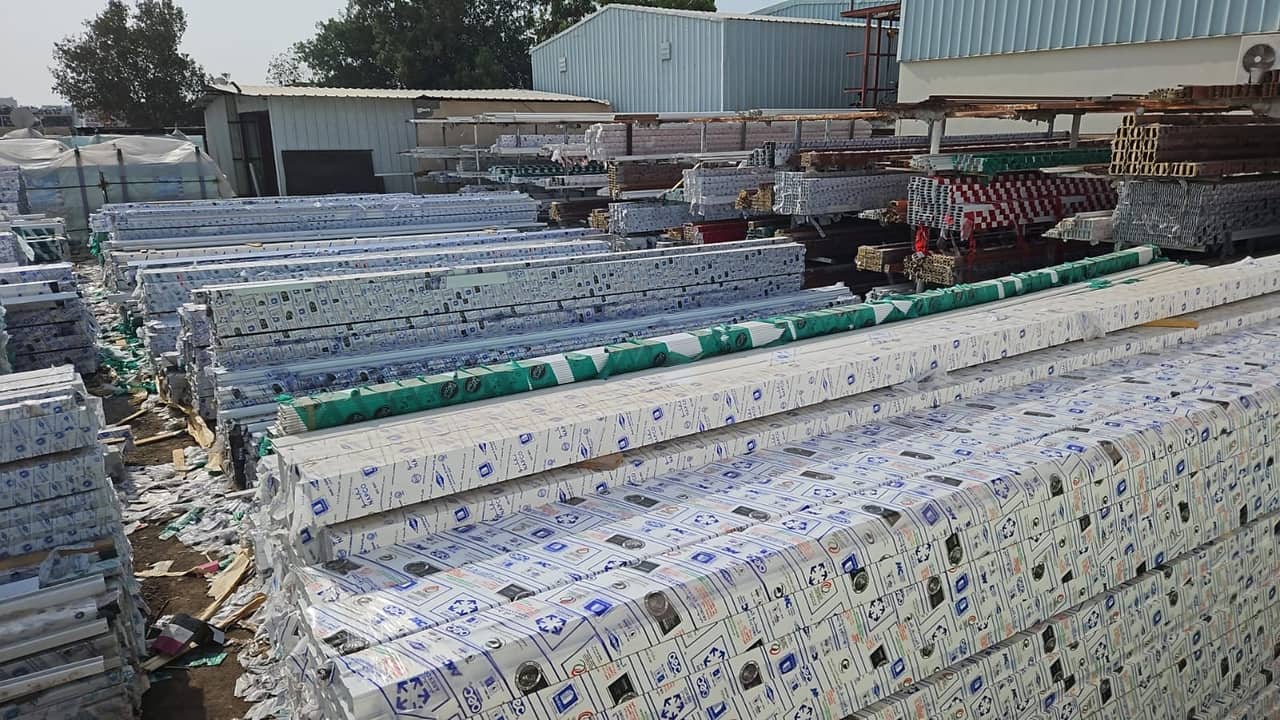 Bundles of imported aluminum profiles in the Mohammed Hanif stock yard, Muscat, Oman